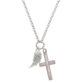Delight Jewelry Silvertone Textured Angel Wing Strong and Courageous Engraved Cross Zoey Necklace, 28"