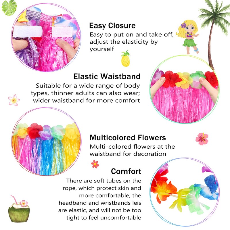 Fortuning's JDS 3 Sets Girl's Elastic Hawaiian Hula Dance Grass