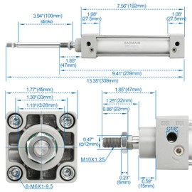 Baomain Pneumatic Air Cylinder SC 32 x 100, 1-1/4 inch(32mm) Bore,4 inch (100mm) Stroke, Dual Action, PT 1/8", for Industrial Machinery