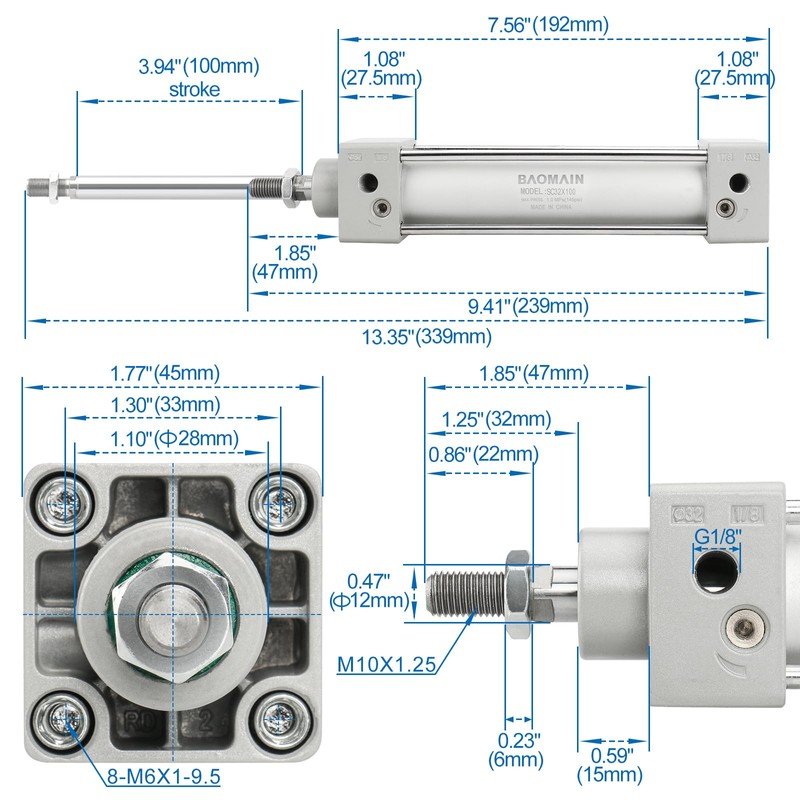 Baomain Pneumatic Air Cylinder SC 32 x 100, 1-1/4 inch(32mm)