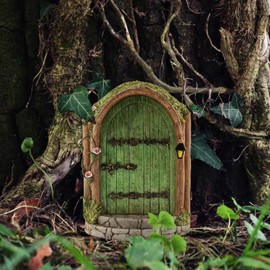 Green Fairy Door Wooden Miniature Fairy Garden Doors Outdoor Mini Fairy Gnome House Accessories for Tree Trunk Ornaments Garden Miniatures,Garden Sculptures and Statues Garden Sculptures and Statues