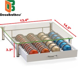 DecoBrothers Crystal Tempered Glass Vertuo Pod Holder Drawer, 24 Large or 48 Small Nespresso Capsule Organizer, White