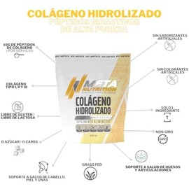 Meta Nutrition, Colágeno Hidrolizado Grass Feed, a base de péptidos bioactivos de Alta Pureza, 500 g. Libre de rellenos. 50 servicios