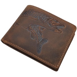 myledershop Genuine Buffalo Full Leather Wallet / Purse / Wallet in Landscape Format with Fish Motif and RFID & NFC Protection, brown, Modern