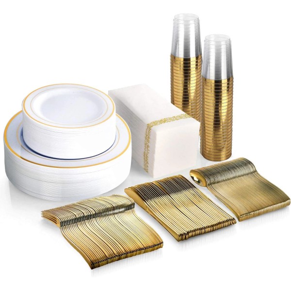 Unbranded 350Pcs Dinnerware Set Gold Dim Plastic Plates Silverware Cups