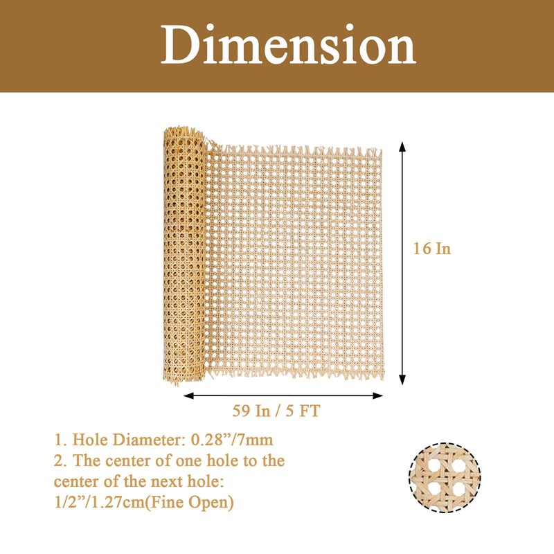 16" x5FT Natural Rattan Cane Webbing, Woven Open Mesh Cane