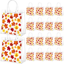 Resholder 24 Pcs Fall Thanksgiving Clear Gift Bags Maple Leaf Treat Candy Cookies Goodie Plastic Gift Bags with Handles for Fall Autumn Thanksgiving Theme Party Favor Supplies, 8 x 8 x 3.15 Inch