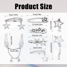 AOZUO 10Pcs Star Hair Clips, Silver Y2K Hair Accessories, Metal Hair Barrettes 8 Shapes Pentagram Bobby Pin Non-Slip Punk Kawaii 2000s Cool Hair Hairpin for Long Short Curly Wavy Hair