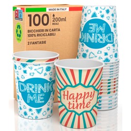 100 Paper Cups 200ml Biodegradable Eco Friendly Disposable Cups Made in Italy Mix di Fantasie DRINK ME + Happy Time Asporto Hot Drinks Water - Made and Packed in