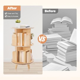 WOQLIBE 2 Tier Rotating Bookshelf Tower, Spinning Bookshelf with Support Legs Revolving 360° Bookcase Storage Round Carousel Vertical Rotate Turning Spiral Corner Organizer for Bedroom, Living Room