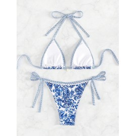 WDIRARA Women's 2 Pcs Boho Bikini Sets Floral Print String Triangle Swimsuits Blue and White XXS