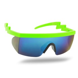 ShadyVEU Semi Rimless Neon Rainbow Sunglasses Mirrored Lens UV Protection 80s Retro Rave Shades Crooked ZigZag Bolt Arm (Neon Green Frame/Black Nose Pad/Blue Mirror Lens)