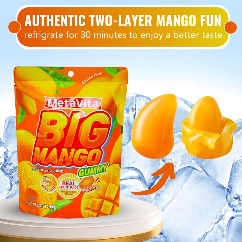 MetaVita Peelable Big Mango Gummy Candy – 24 Packs, Individually