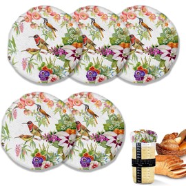 Sourdough Starter Jar Cloth Covers,Vintage Bird Flowers Gifts for Women Baker 5 Pack Kit Stretchy Cloth Jar Lids Fits Jar Mouth Ranging 3"- 4" Inches