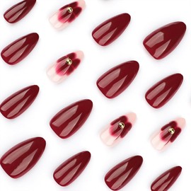 Wine Red Solid Color Press on Nails Medium Almond Fake Nails Glossy Flower Acrylic Nails with Glue on Nails Reusable Stick on Nails for Women DIY Manicure