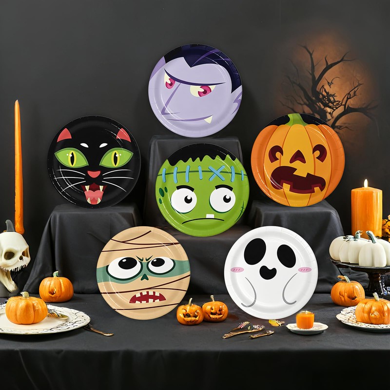 96PCS Halloween Paper Plates, Disposable Party Tableware with 6 Designs