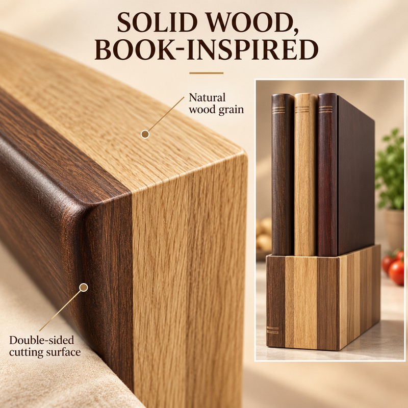 3-Piece Book-Shaped Wooden Cutting Board Set with Upright Storage Base