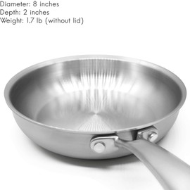 Fortune Candy 8-Inch Fry Pan with Lid, 3-ply Skillet, 18/8 Stainless Steel, Dishwasher Safe, Induction Ready, Silver
