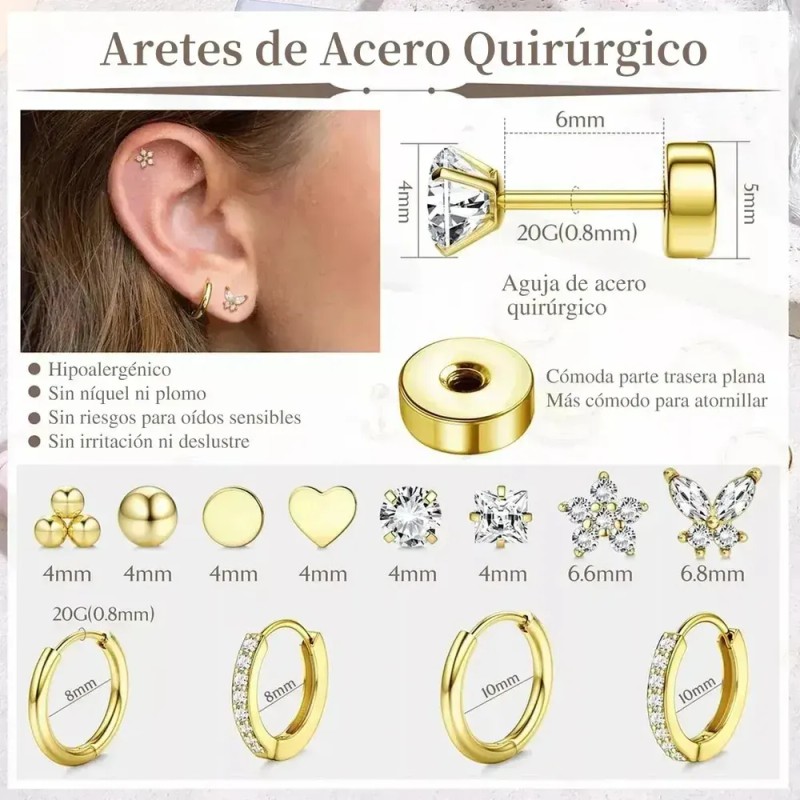 12pare Aretes De Acero quirúrgico Mujer Arracadas Piercing Cartílago AGEDBAFCH