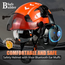 SAFEBUILDER Safety Helmet with Visor Bluetooth Ear Muffs SNR 26dB Hard Hat with Visors Mounted Ear muff Hardhats Vented ANSI Z89.1 (01-Orange Hat Wtih Clear&Tinted Visor & Bluetooth Ear Muffs)