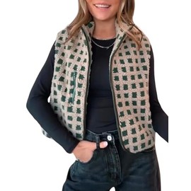 VALOZENC Womens Sleeveless Checkered Sherpa Vest with Pocket Zip Up Fleece Crochet Collar for Style Comfort (US, Alpha, Medium, Regular, Regular, Green)