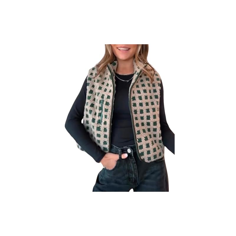 VALOZENC Womens Sleeveless Checkered Sherpa Vest with Pocket Zip Up
