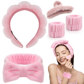 Hairband Cosmetic Set with 2 Pieces Wrist Wash Band and 3 Pieces Hair Clip Plush Spa Headband for Washing Face Washing Face Bathing Yoga Exercise Skin Care