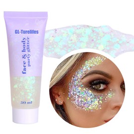 Chunky Glitter Gel Glitter Body Gel Festival Glitter Cosmetic Face Hair Nails Makeup Mermaid Sequins Liquid Eye Shadow Long Lasting Sparkling (#6 White)