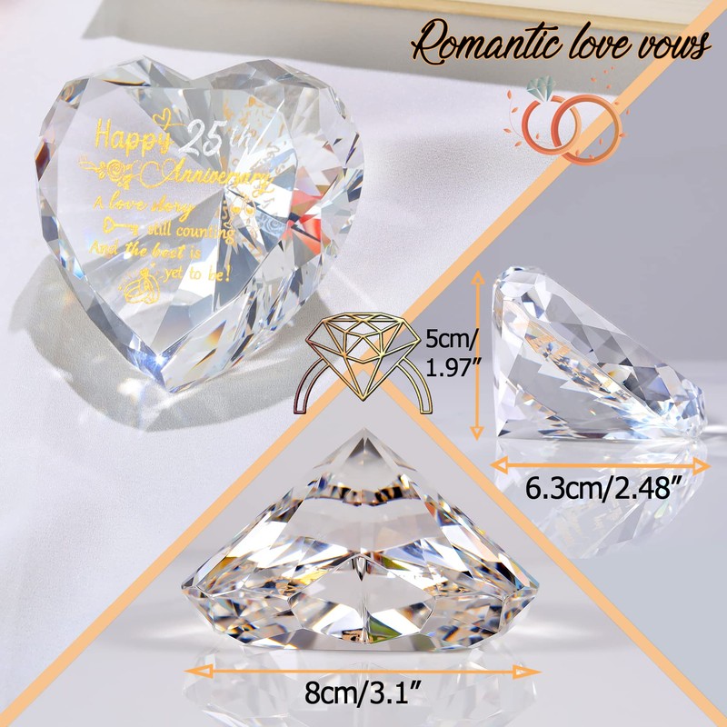 25th Silver Wedding Anniversary Romantic Gifts for Couple, Heart Crystal