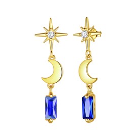 Star Moon Rectangular Geometric Stud Earrings 925 Sterling Silver Small Dangle Dainty Drop Earrings 18K Gold Plated Jewelry for Women DE0285Y