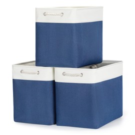 Bidtakay Extra Large Storage Baskets for Shelves 3 Pack Fabric Storage Bins for Organizing Linen Collapsible Organizer for Closet-White&Blue