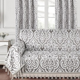 Loom and Mill Luxury Contemporary Sofa Covers, Elegant Damask Couch Cover Sofa Throw Cover with Tassels for 2-3 Cushion Couch, Sectional Couch Covers Sofa Slipcover for Dogs, Sliver Gray, 71" X 118"