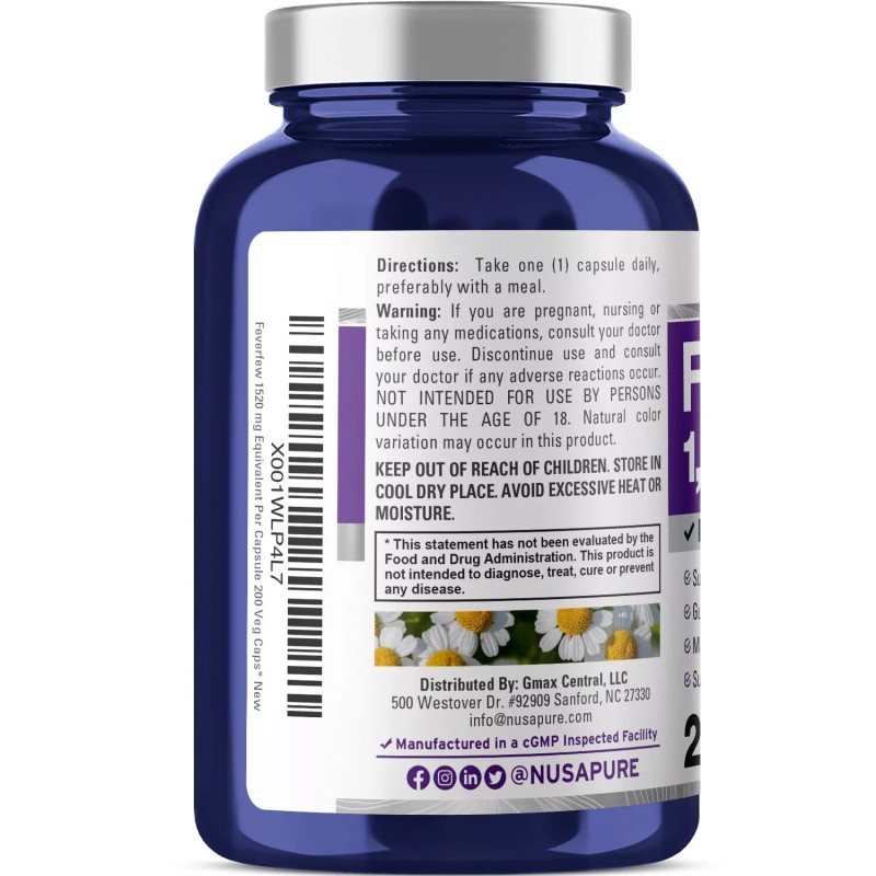NusaPure Feverfew 1520mg 200 Vegetarian Caps (Non-GMO)