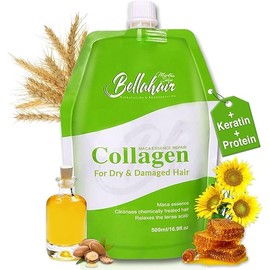 Bellahair Hydrating Collagen Hair Mask for Dry Damaged Hair and Growth - Hydrolyzed Keratin, Protein, SheaButter, Argon Oil & Botanical Extracts - Deep Repairs, Smooths & Strengthens All Hair-17Oz