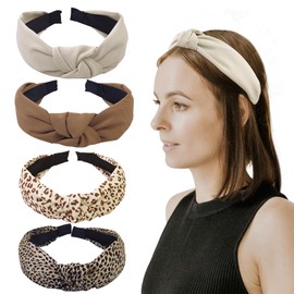 HFZRZFH Women's Non-Slip Knotted Headbands with Leopard Print, Fashionable Hair Accessory Set for Women and Girls, 4-Piece Beige Brown