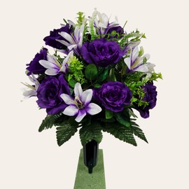 360 Degree Purple Rose White Lily Memorial Decoration Flowers for Cemetery Cone Headstone and Funerals