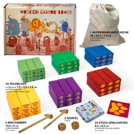 all Kids United® Holz Kinder-Spielzeug 4in1 Stapelturm; Wackelturm Stapelspiel; Montessori Lernspielzeug, Turmspiel mit 54 bunten Bauklötzen ab 3 Jahren