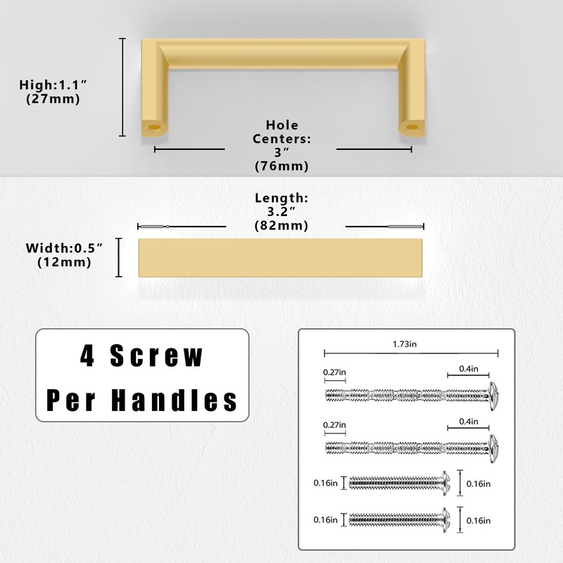 Asimerdeco 10 Pack Brushed Gold Cabinet Pulls 3 Inch(76mm) Kitchen