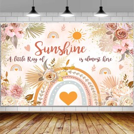 Banner de ducha Boho para bebé niña, telón de fondo, color rosa, beige, floral, arco iris, sol, decoración de fiesta para niña, cartel de flores, decoración de fondo, 72 x 44 pulgadas