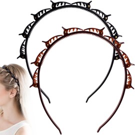2 Pcs Hairpin Braided Headband, Double Layer Headband With Clips, Non-Slip Toothed Weave Bang Clip Headbands for Women Hair Accessories Daily Office- Black, Deep Brown