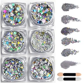 6 Shapes Holographic Body Glitter Gel Set, Pink Face & Body Glitter for Festival, Party, Cheer, Hair, Easy to Apply & Remove, Non-Sticky Sparkly Makeup for Bold Looks (Silver)