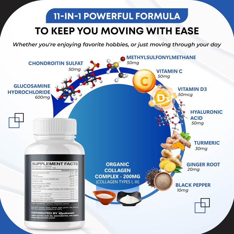 GUDOMET Glucosamine Chondroitin sulfate Methylsulfonylmethane Hyaluronic Acid Turmeric Ginger Vitamin