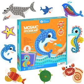 Jar Melo Mosaic & Diamond Painting, 8PCS Animal Sticker by Number Crafts Kit Paint by Sticker Books for Kids Ages 3-5 4-8, Includes Shark Crab etc. Kids Road Trip Travel Essentials Preschool Crafts