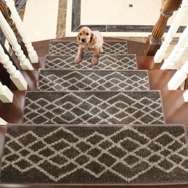 COSY HOMEER Soft Stair Treads Non-Slip Carpet Mat 28inX9in Indoor Stair Runners for Wooden Steps,Stair Rugs for Kids and Dogs, 100% Polyester TPE Backing 4pcs,Brown,Rhombus