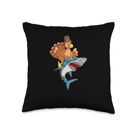 Pilgrim Costume Thanksgiving Shirt Turkey Meat Thanksgiving Day Turkey Riding Shark Funny Autumn Gobble Throw Pillow, 16x16, Multicolor