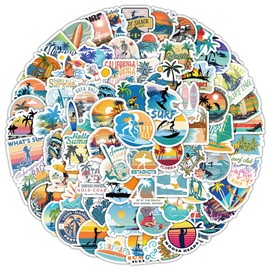 100PCS Small Size Beach Surf Stickers, Waterproof Vinyl Outdoor Sports Sticker Set for Phones Journals Guitars Scrapbooking Computers, Fun Beach Decals for Teens Adults