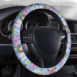 AOPEFNX Steering Wheel Covers for Car, Truck, and SUV, Cute Non-Slip Breathable Elastic Steering Wheel, Car Accessories, Universal 15 Inch Leather Cover for Men Women Colorful Butterflies