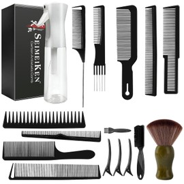 16 PCS Professional Barber Comb & Brush Set | 10oz (300ml) Continuous Spray Bottle, Carbon Fiber Rat Tail Comb, Neck Duster, For Men, Women, Salon & Home