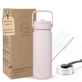 Abjoki "Neo" Stainless Steel Drinking Bottle, 530 ml, Baby Pink, Double-Walled & Vacuum Insulated, Thermal Flask, BPA-Free, Leak-Proof, Plus Two-in-One Lid with Straw and Drinking Opening