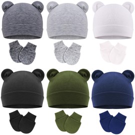 BQUBO Newborn Baby Hats Mittens Set for Boys Girls Hospital Hat Beanie Bear Ears Infant Caps Baby Cotton Gloves No Scratch Mittens for 0-6 Months